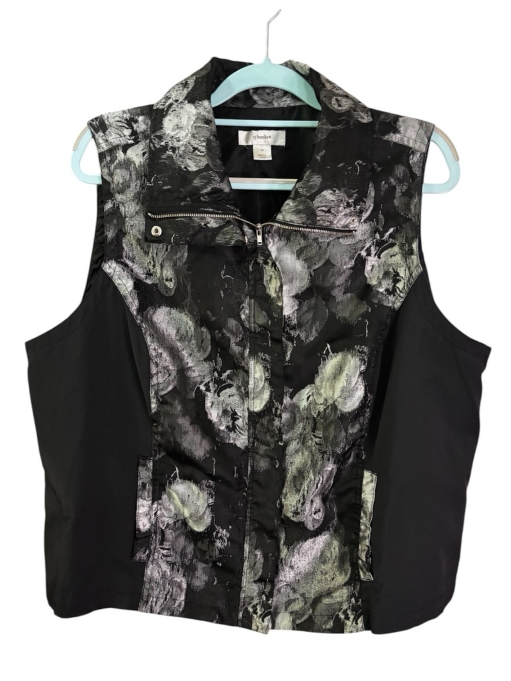 CJ Banks Black & Silver Abstract Spring Floral Zip-Front Moto Vest | Size 1X